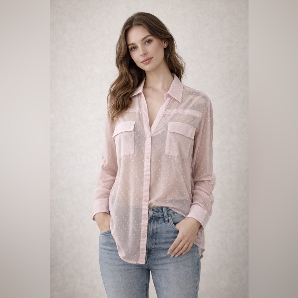 New York & Company Pink Swiss Dot Sheer Button Up Blouse Barbie Y2K XL Boho